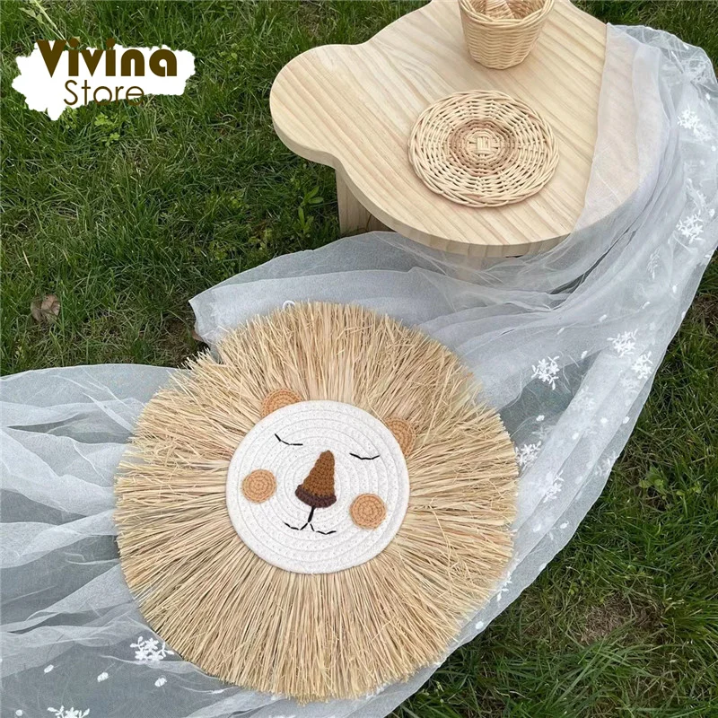 Wall Hanging Ornaments Nordic Hand Woven Lion Cartoon Animal Head Straw Weaving Children Room Wall Decor Tent Party