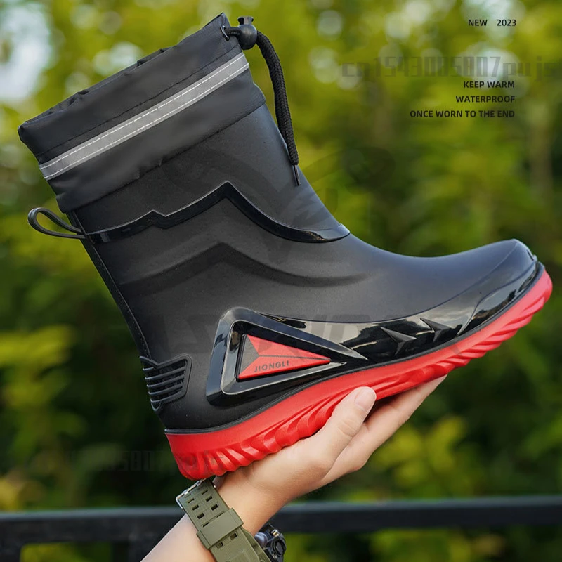 Rain Shoes Men's Drawstring New Waterproof Shoes Outdoor Waterpoor Boots Fishing Anti Slip Work Rubber Rain Boots