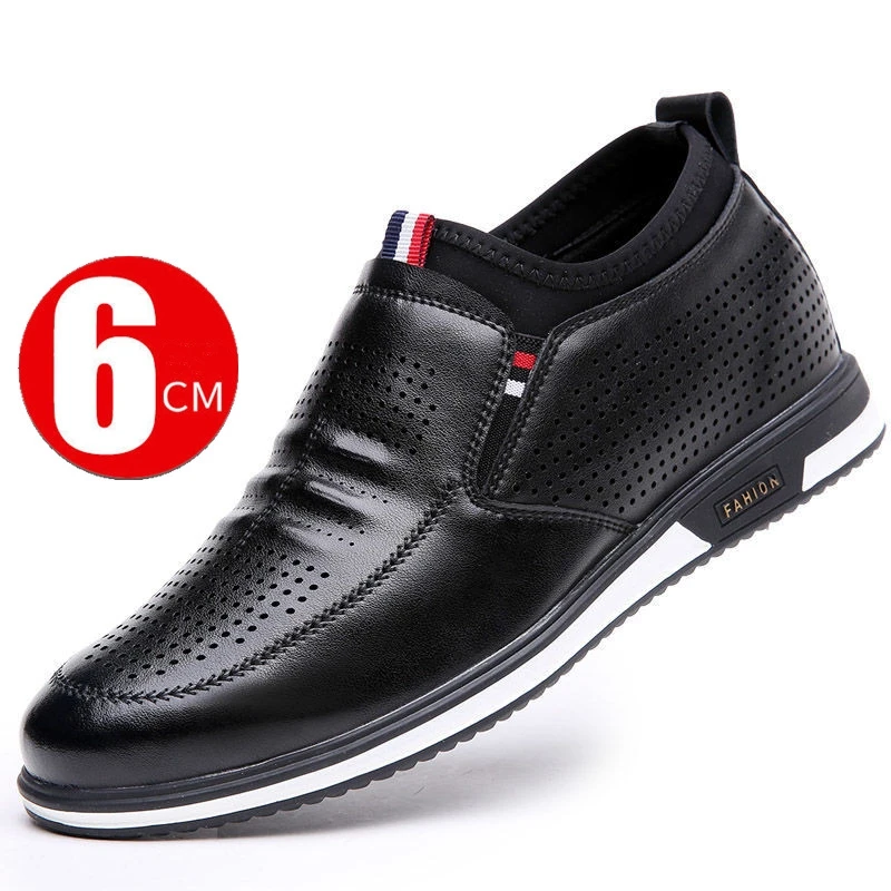 Men Hollow Breathable Cow Leather Casual Elevator Shoes Soft Comfortable Flat/6cm Hidden Heels Height Increase Sneakes Tall Shoe 2