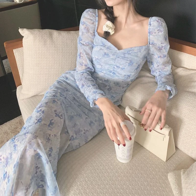 

French Style Floral Print Dresses for Women 2023 Summer Fashion Purple Mesh Folds Puff Sleeve V-neck Elegant Pretty Long Dress