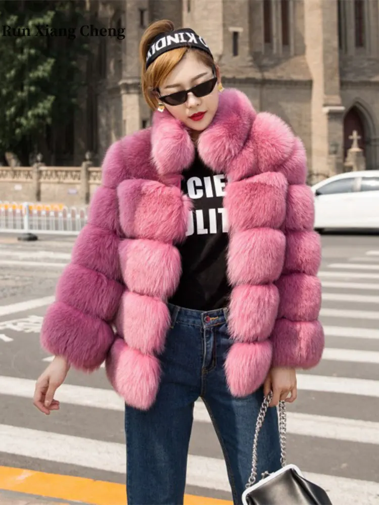 Winter Women's Fur Coat 2023 New Luxury Imitation Fox Fur Coat Striated Fluffy Stand Collar Fashion Zipper Faux Fur Plush Jacket