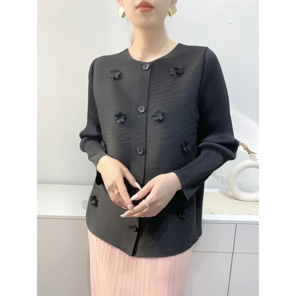 

Женский плиссированный короткий пиджак Miyake, повседневный тонкий кардиган с длинными рукавами, свободный эластичный Кардиган большого размера, осень 2023