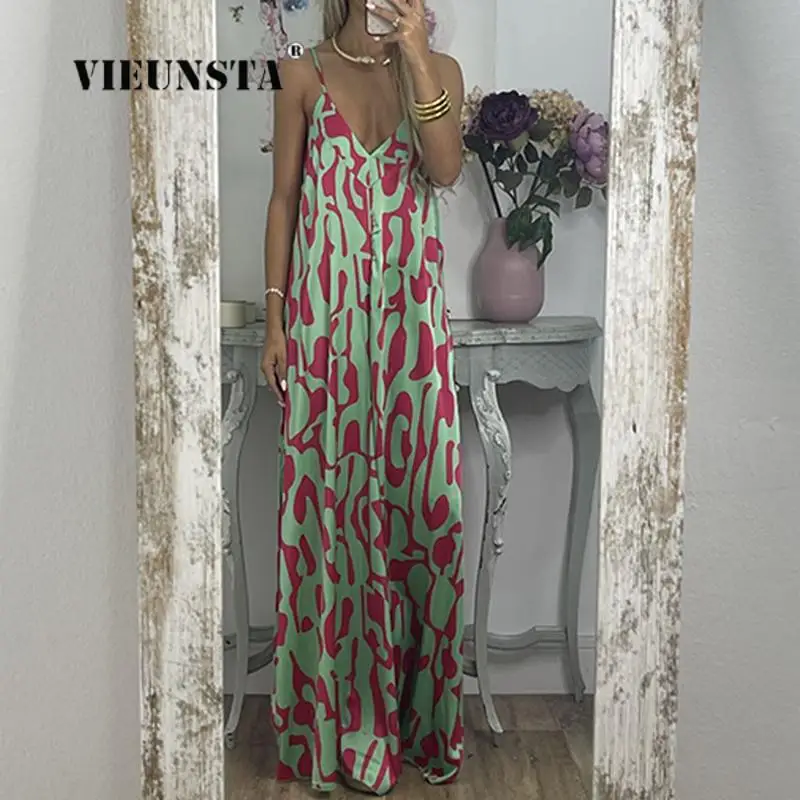 

Casual Summer Sling Vintage Pattern Party Dress Fashion Loose Print Deep V-Neck Long Dress Women Sleeveless Maxi Dress Vestidos