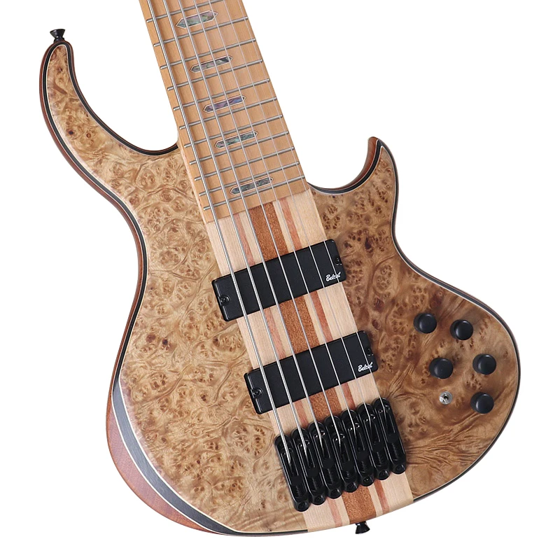 Tree Burl Top 7 String Electric Bass Guitar 43 Inch Active Guitar Neck Through Solid Okoume Wood Body High Grade