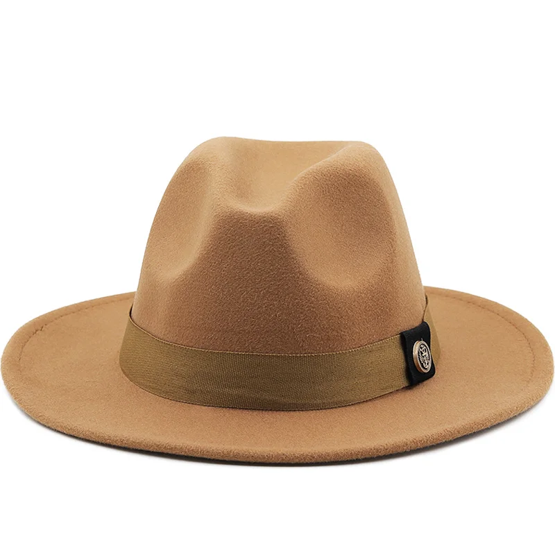 

Hot Wool Fedora Hat Button Band Wide Brim Solid Round Top Women Hats Classic Simple Formal Dress Church Khaki Winter Hat