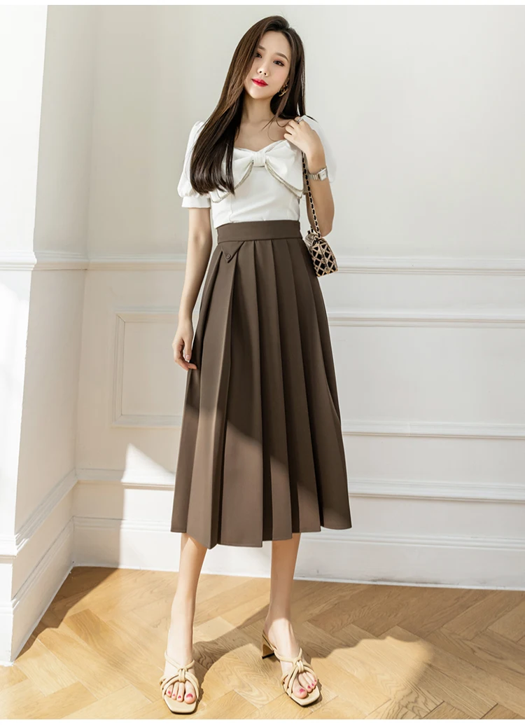 2022 Spring Summer Women's Elegant Pleated Suit Skirts High Waist Fashion Office Ladies Elastic Waist A-line Midi Skirt Vintage brown skirt