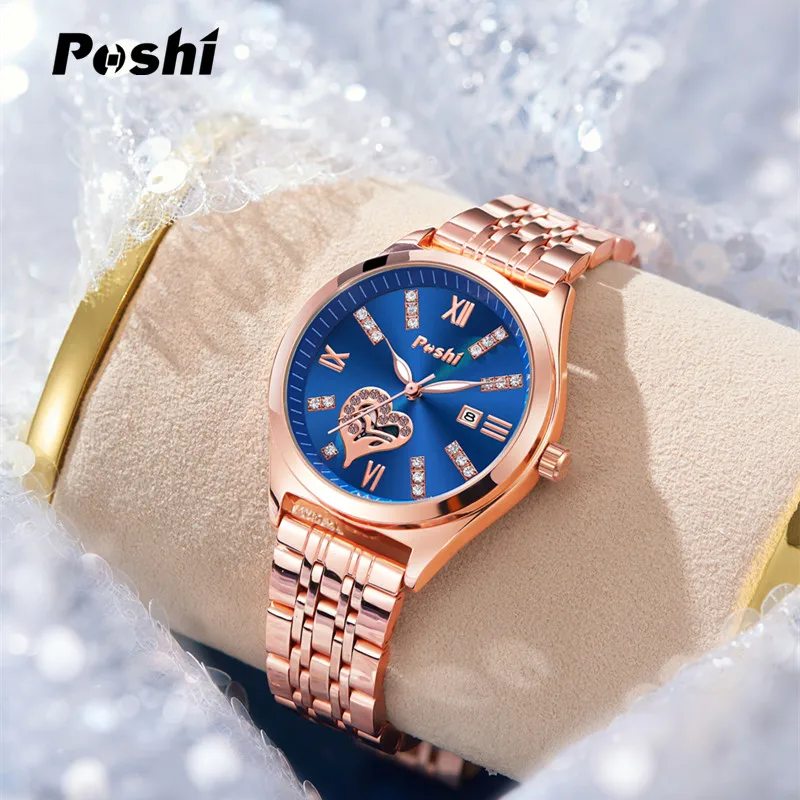 POSHI Women Watches Fashion Stainless Steel Date Ladies Wristwatch Waterproof Quarzt Watch Girlfriend Gift Relogio Feminino 5