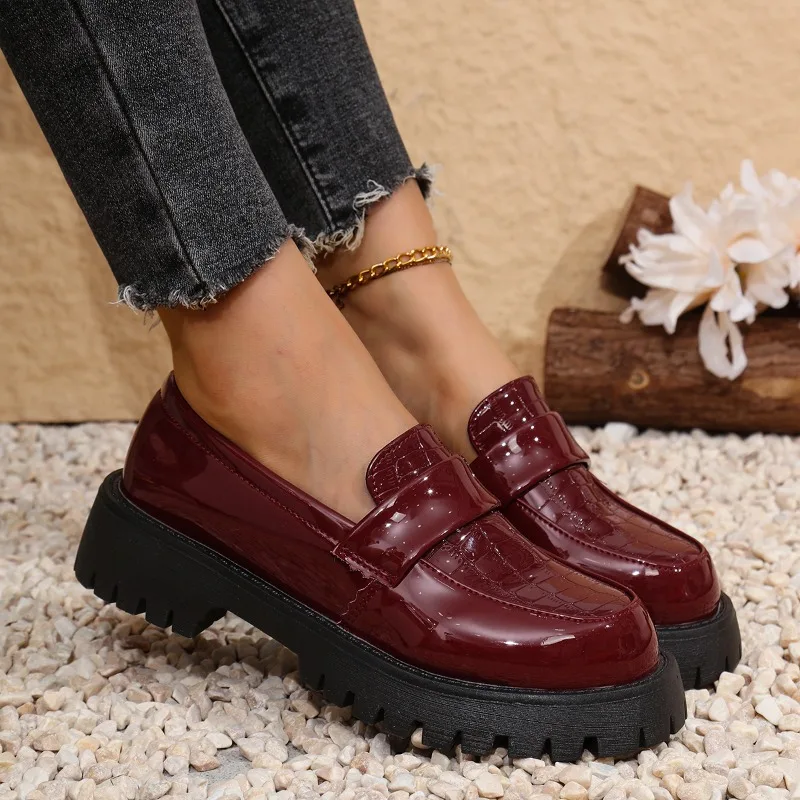 Platform Loafers Autumn New Round Toe Deep Mouth Soft Sole Non-slip Wear-resistant Block Heel Single Shoes