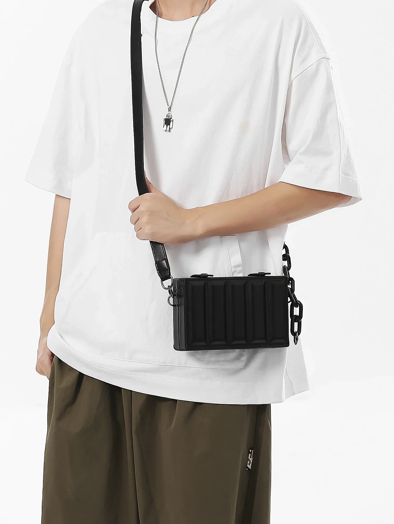 Trend PU Box Bag Unisex Minimalist Design Men's Small Sling Bag Chains Crossbody Bags Men сумочка через плечо bolso de hombre 가방
