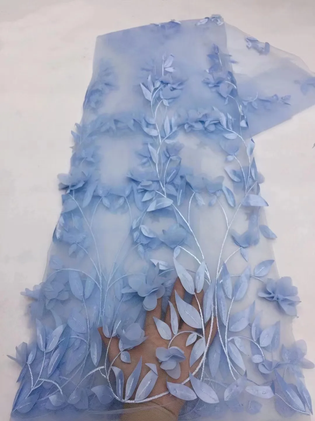 

Laser 3 D Flower Romantic Wedding Luxury Blue Bridal Haute Couture Embroidery Tulle Lace For Sawing Dress/Gown/Party Occasion