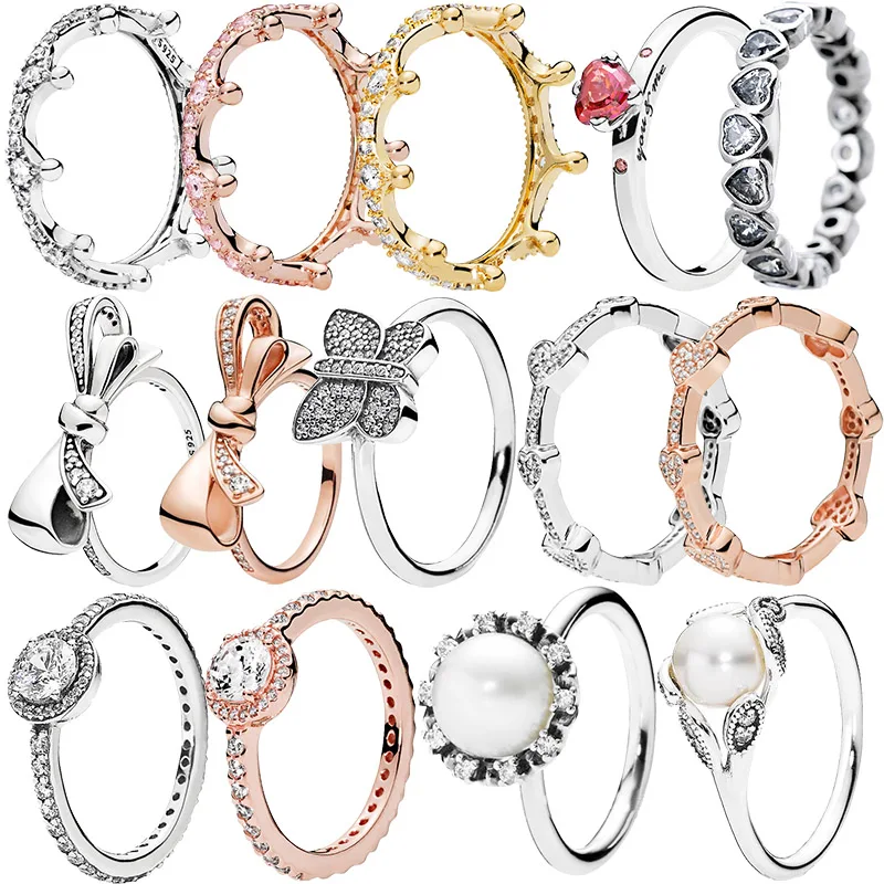 925 Sterling Silver Sparkling Butterfly Pearl Bow Sparkle Halo Clear Zircone Cz Tiara Rings For Women Anniversar Wedding Jewelry