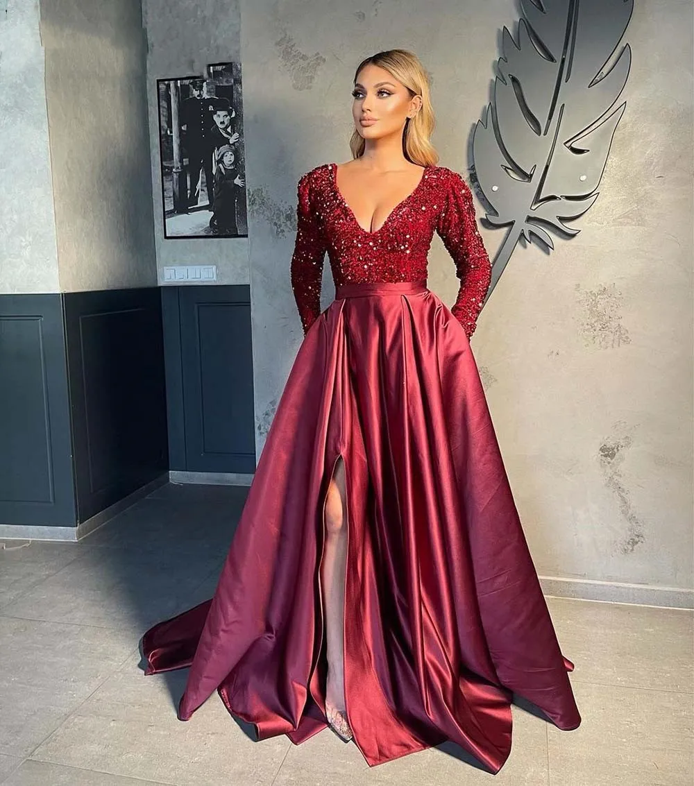 long formal dresses for women Exquisite Sunny Long Evening Dresses Sexy V-neck Long Sleeves Glitter Sequin Top Satin A-line Dubai Women Formal Gowns evening gowns for women