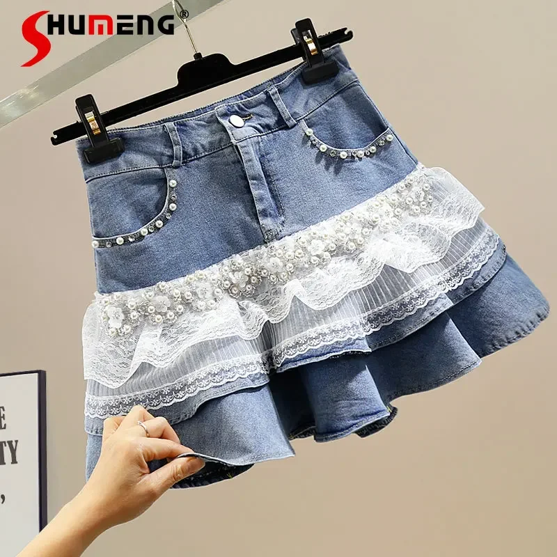 

Heavy Industry Beads Diamond-Embedded Sweet Lace Stitching A- line Lotus Leaf Denim Skirt Women's Korean-Style High Waist Skirt