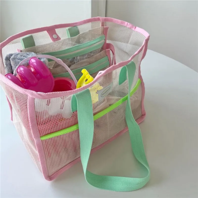 

Пляжная сумка Ins розового и зеленого цветов, портативная Сетчатая Сумка для хранения игрушек, для улицы, путешествий, купания, туалетных принадлежностей