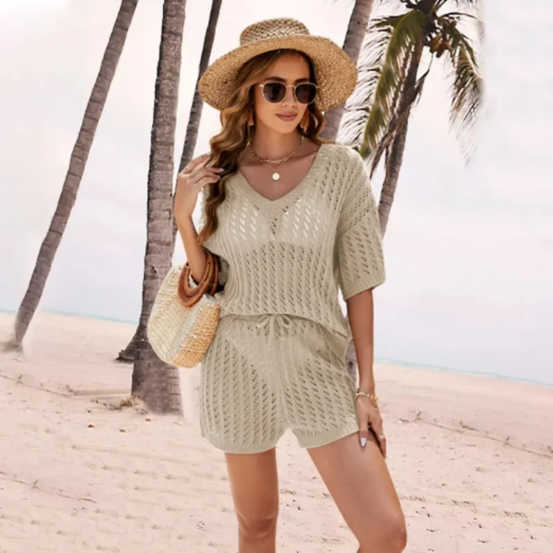 2024 Summer Hot Two Piece Solid Color Mesh Knitted Top High Waist Shorts Casual Women's Wear SFC25-3