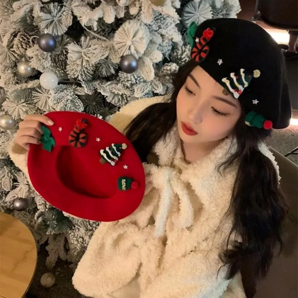 Christmas Hat Red Green Beret Female Winter Headwear Xmas Party Dress Up New Year Gifts Sweet Girl Women Wool Tweed Beret Cap