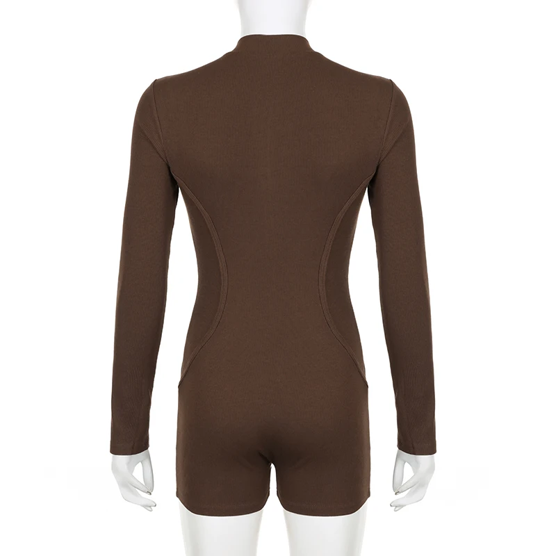 BIIKPIIK Casual Brown Skinny Playsuits For Women Concise Zip Up Body-shaping Rompers Autumn Basic Fitness Elegent Outfits Sexy