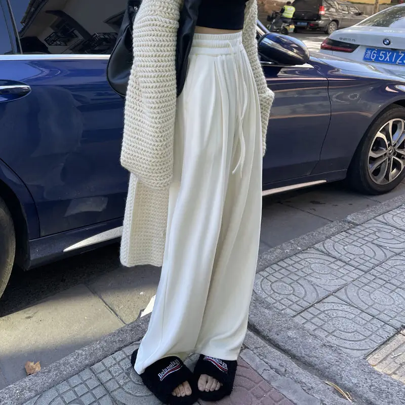 Autumn Winter 2022 Women's Casual Straight Wide Leg Trousers Harajuku Streetwear Solid Loose Drawstring Joggers Pants Sweatpants
