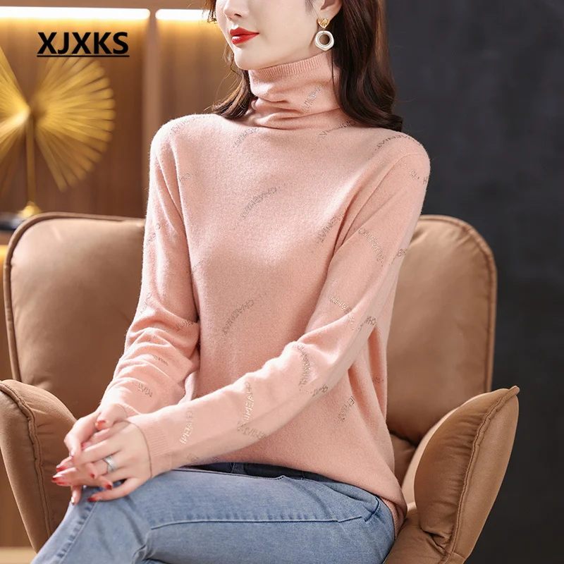 

XJXKS 2022 Winter New Soft Fashion Women's High Neck Sweater Solid Color With Diamonds 100% Wool Knit Pullover
