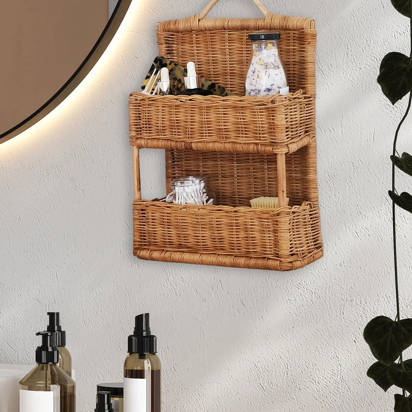 Double Woven Hanging Basket for Fruit Storage, Wall Mounted Organizer