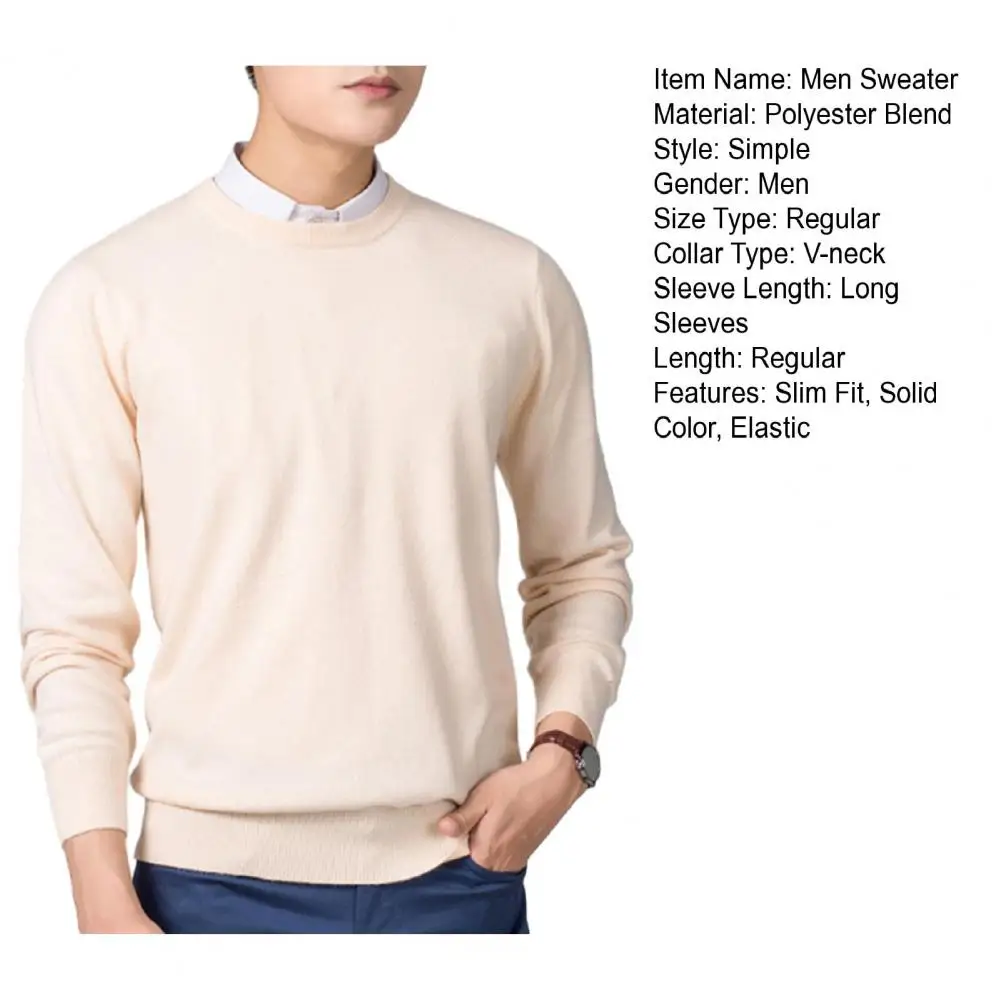 Description Picture 3 of itemLong Sleeve Men Knitting Top Men's V-neck Solid Color Sweater Slim Fit Knitwear Thick Pullover Jumper for Autumn Winter Comfort