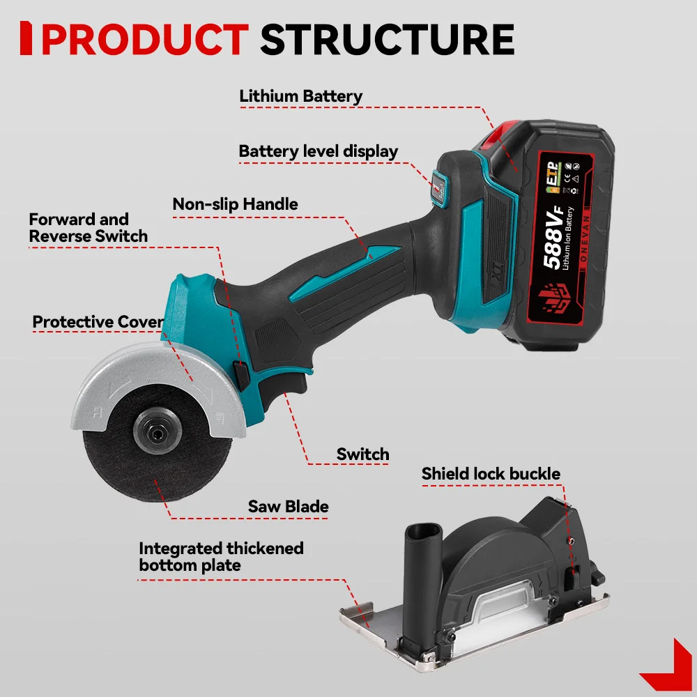 Angle Grinder ONEVAN Brushless Angle Grinder 76mm Speed Variable Cordless Electric Circular Saws Cutting Power Tool for Makita 18V Battery Pin