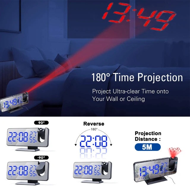 180° Projection LED Digital Smart Alarm Clock USB Charge Watch Table Electronic FM Radio Wake Up Clocks Snooze Function 6