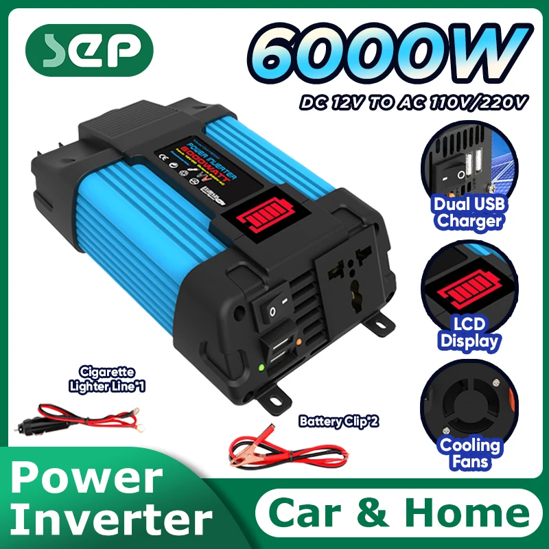 Solar Inverter Power Inverter 6000W Inverter with LED Display Power Supply DC 12v for AC 6000v Car Solar Converter Fast Charging Camping RV