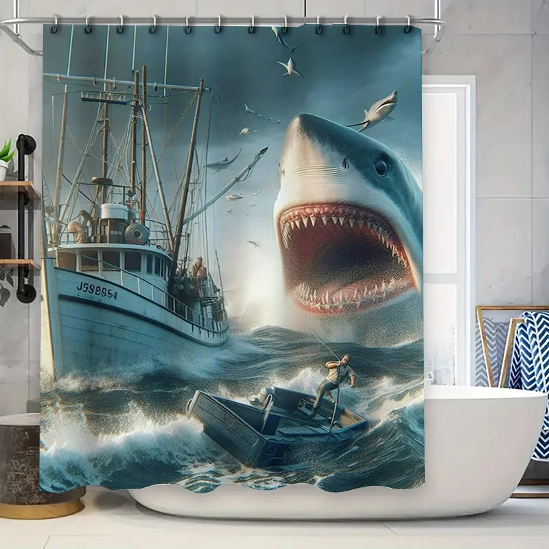 Modern Artistic Dramatic Shark Attack Waterproof Shower Curtain for Stylish Bathroom Decor, Easy Install 4