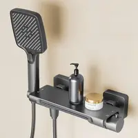 สีเทาน้ําตกอ่างอาบน้ําก๊อกน้ําชุดฝักบัวห้องน้ําติดผนังทองเหลืองร้อนและเย็นวาล์วอาบน้ําหัวฝักบัว 1