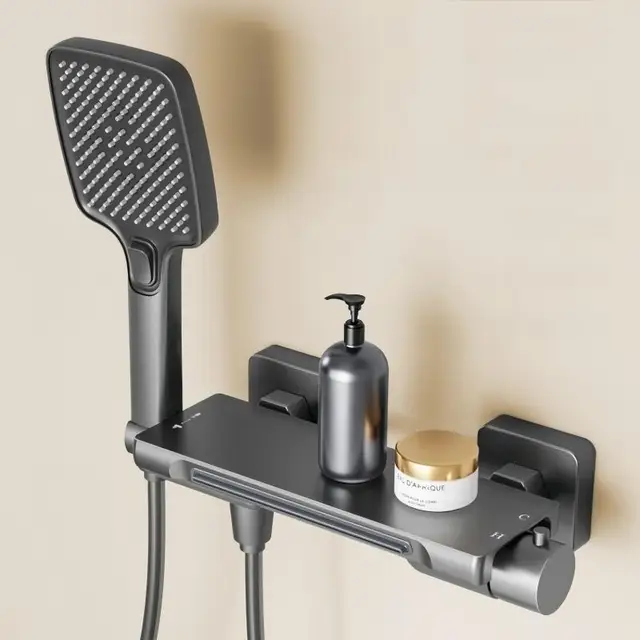 สีเทาน้ําตกอ่างอาบน้ําก๊อกน้ําชุดฝักบัวห้องน้ําติดผนังทองเหลืองร้อนและเย็นวาล์วอาบน้ําหัวฝักบัว 1