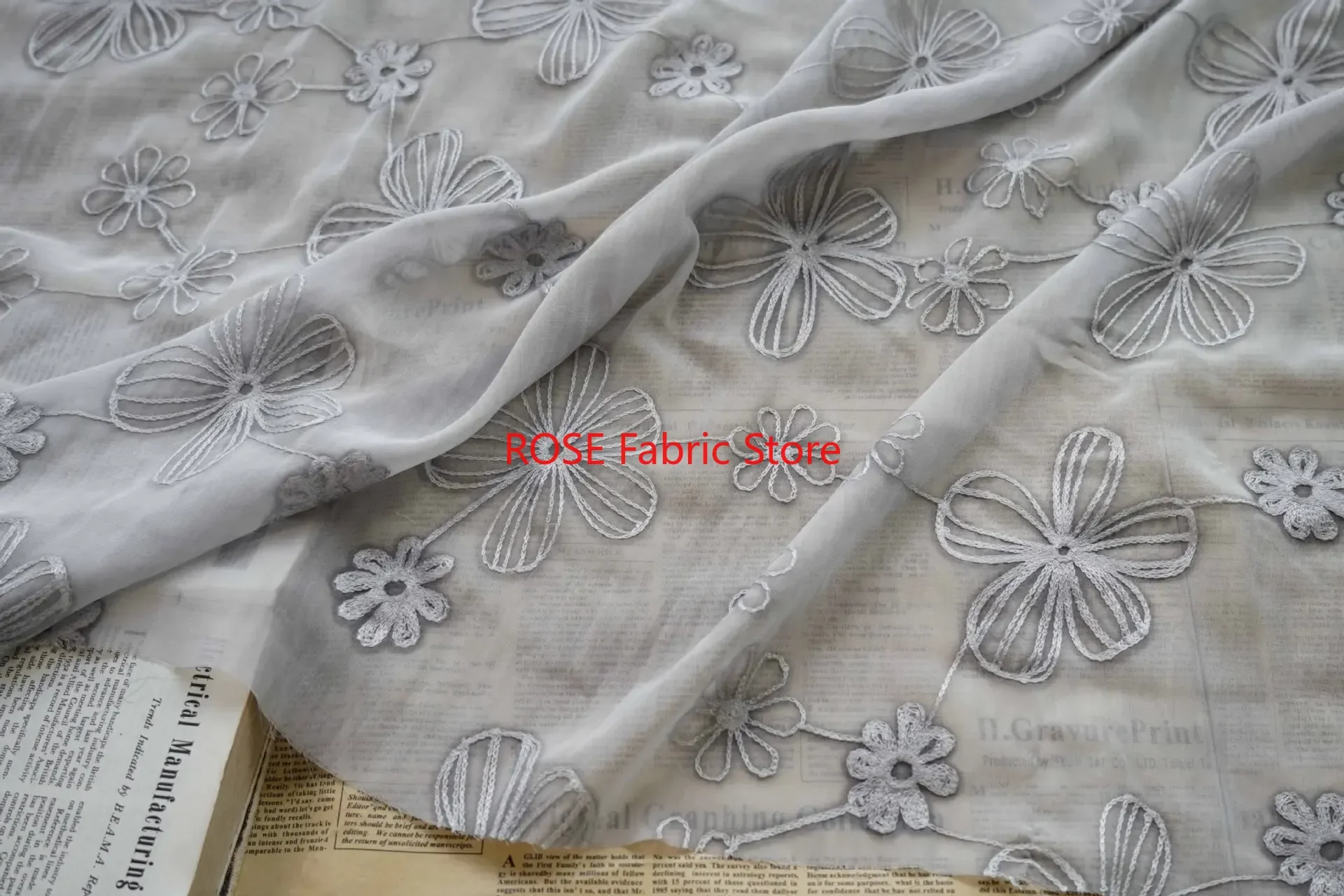 Elegant Green and Beige Floral Embroidery Chiffon Tulle Fabric for Dresses and Costume Design