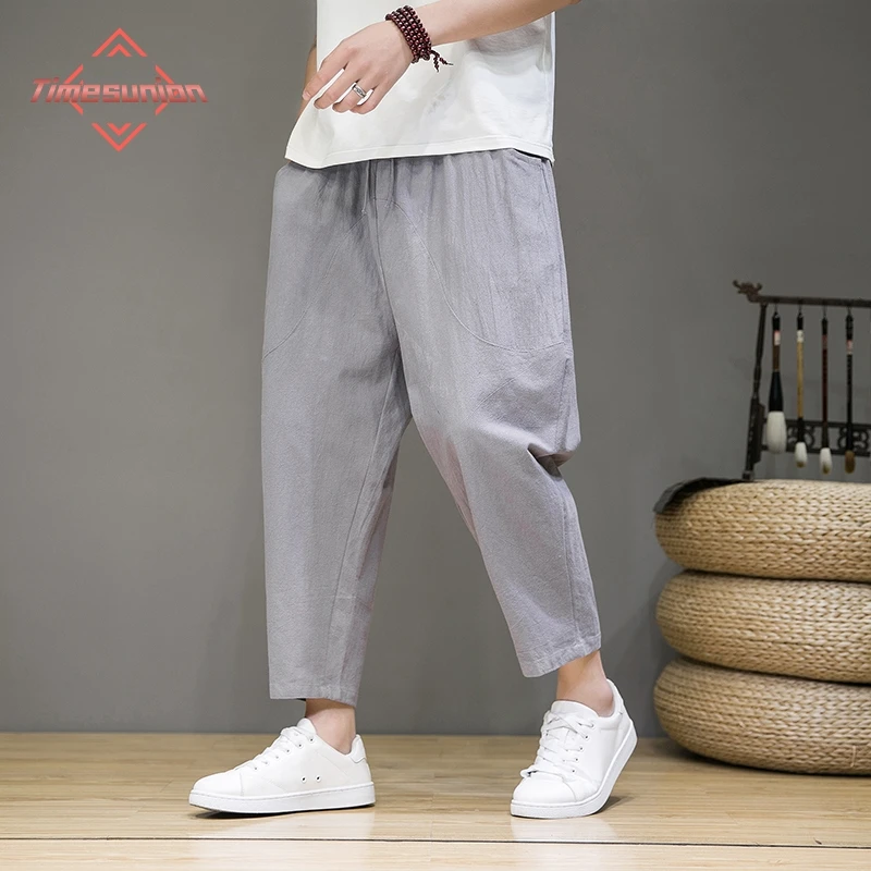 Herren Baumwolle Leinen hose männlich cool Sommer atmungsaktive Harems hose einfarbige Strand hose Yoga tlastic Taille kurze Hose