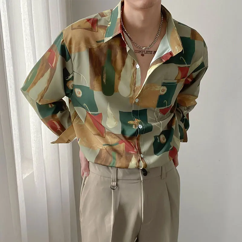 

Elegant Fashion Harajuku Slim Fit Ropa Hombre Loose Casual Sport All Match Tops Pointed Collar Printed Button Long Sleeve Blusa