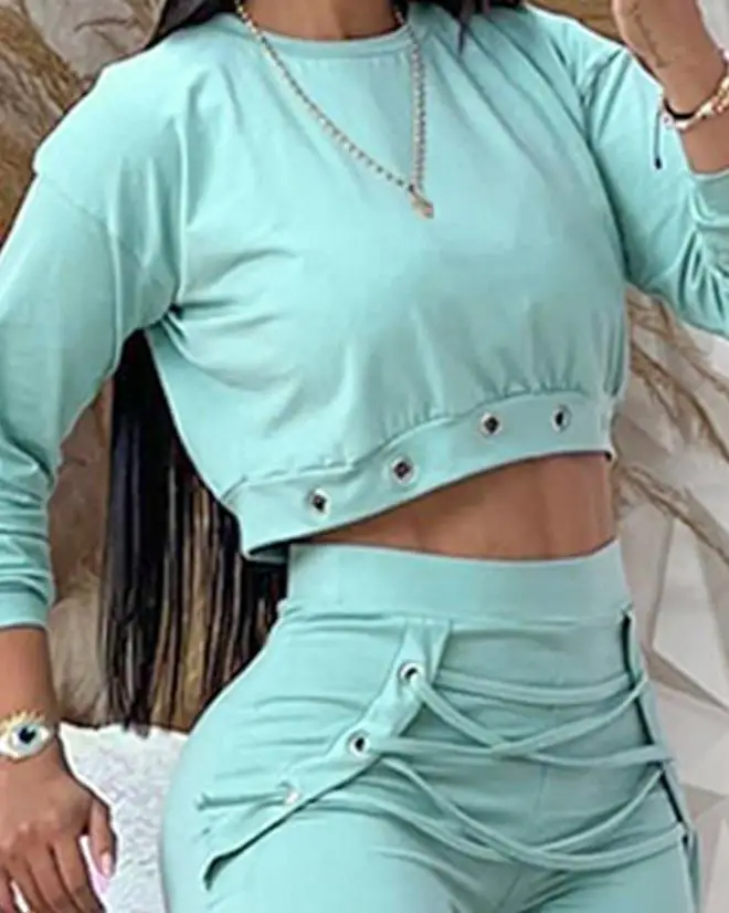 New 2023 Autumn Winter New Fashion Casual O Neck Long Sleeves Eyelet Lace Up Daily Medium Stretch Sweatpants and Sweatshirt Sets