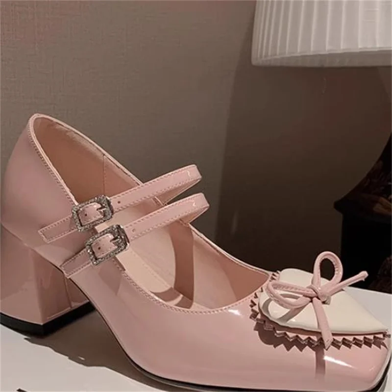 

Butterfly-knot Shoes for Womens Square Toes Churry High Heels Patent Leather Mary Janes Rhinestones Lady Buckle Chassure Femme