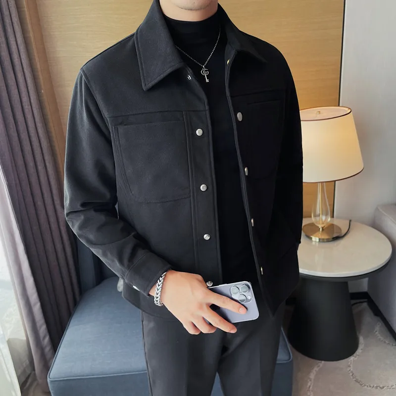 Brand Clothing Autumn Winter Woolen Jackets for Men Clothing Turn Down Collar Single Breasted Slim Fit Casual Thick Coats 4XL-M