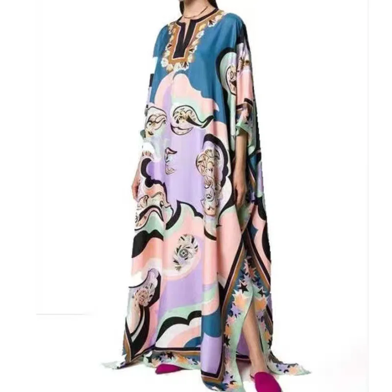 

2022 Summer Women Elegant Floral Print Loose Long Party Dress Casual V-Neck Maxy Dresses Ladies Sexy Split Holiday Dress