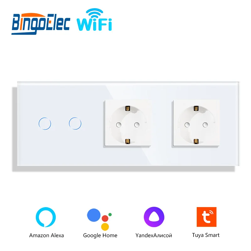 Bingoelec-Wifi Wall Touch Switch 1/2/3 Gang 1W Normal Eu Double Plugs Light Switches Works With Alexa Tuya Google Home Bingoelec-Wifi Wall Touch Switch 1/2/3 Gang 1W Normal Eu Double Plugs Light Switches Works With Alexa Tuya Google Home