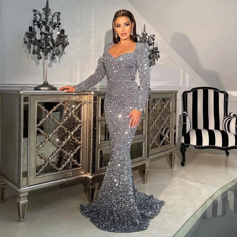 

Long Sleeve Mermaid Sequin Prom Dress For Birthday Party Sparkle Bling Black Gray Evening Gowns Speacial Occasion Formal Dresse