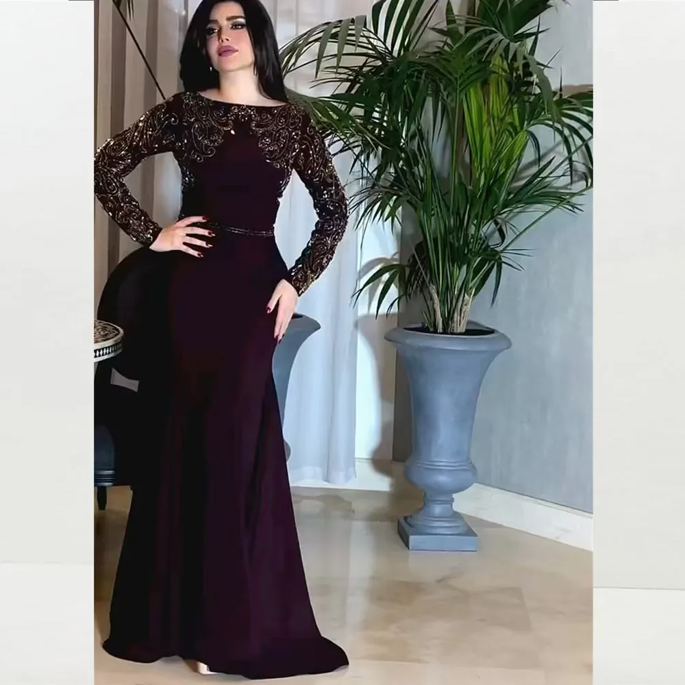 

Prom Gown for Women Scoop Collar Lace Full Sleeves A-line Floor-Length Sweep Train Evening Dresses فساتين للحفلات الراقصة