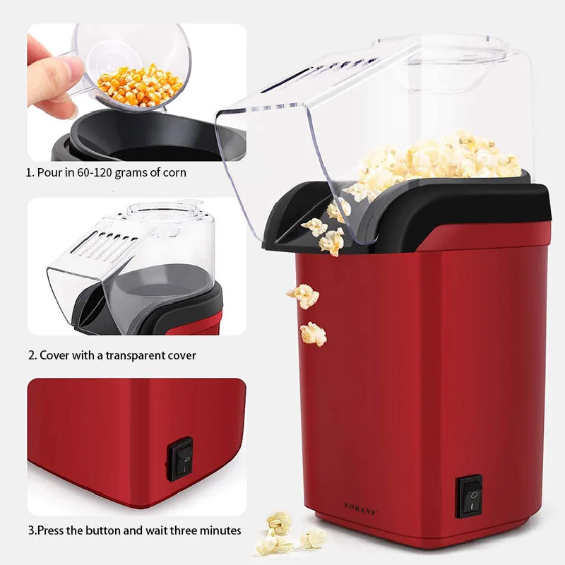 1 Sokany Plug 1200W Home Popcorn Machine With Simple Operation, Button Switch, Transparent Cover, Hollow Design