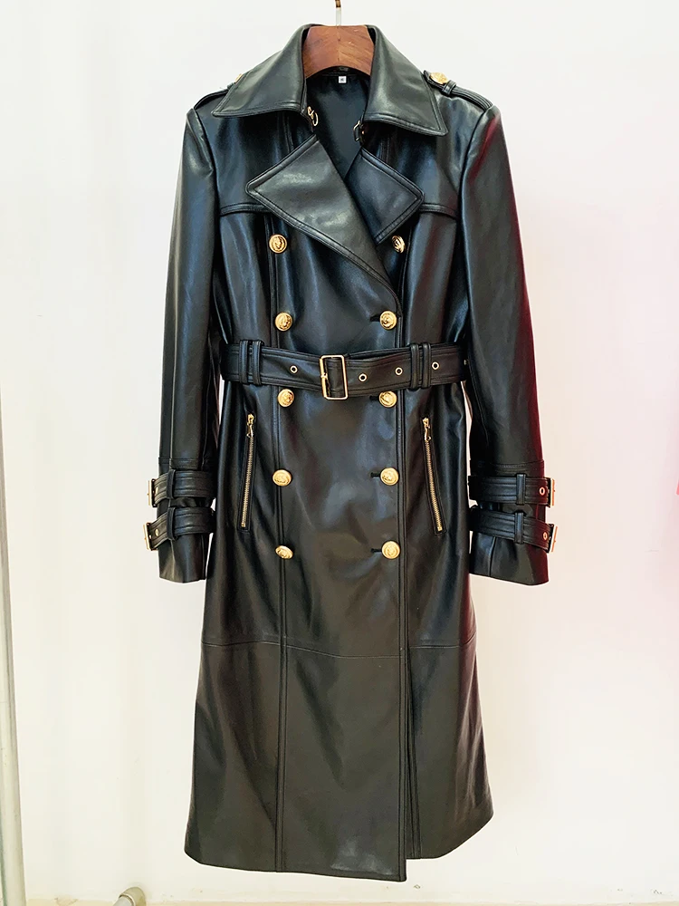 

HIGH STREET Newest 2023 Fall Winter Designer Trench Women's Double Breasted Lion Buttons Synthetic Leather Long Trench OverCoat