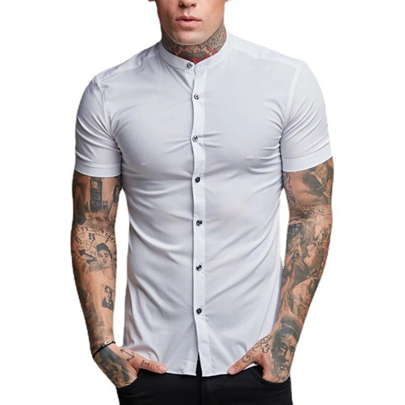 New Fashion Summer Casual Short Sleeve Shirt Men Stand Collar Super Slim Fit Business Dress Shirt Mens Button Gym Fitness Tops casual short sleeved shirt short sleeved shirt button down shirt
