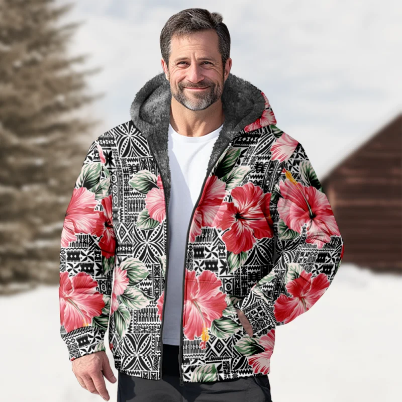 

New Creative Cotton Coat Hooded Sweater Casual Print Men's Fur Loop Arctic Velvet Zipper Patch Pocket Hooded Sweater a38