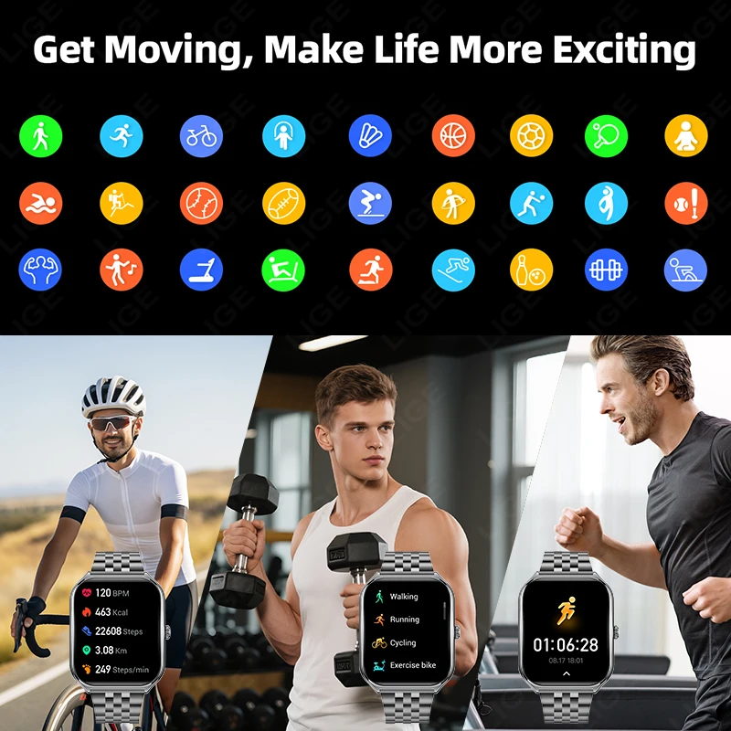 LIGE Ultra-thin Amoled Smartwatch 1.96inch Curved BT Call Long Battery Life Fitness Watches Men AMOLED Sports Health Smart Watch