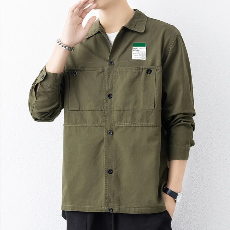 Casual Retro Work Shirt For Men Simple Thin Cotton Male Fishing Shirts Long  Sleeve Roll Up Sun Protection Breathable Solid Color