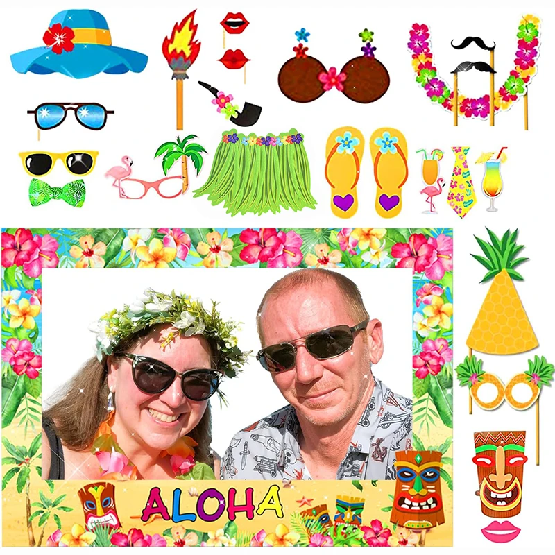 23pcs Hawaiian Party Decorations Photo Booth Props Paper Pineapple Flower Summer Beach Pool Party Hawai Aloha Supplies