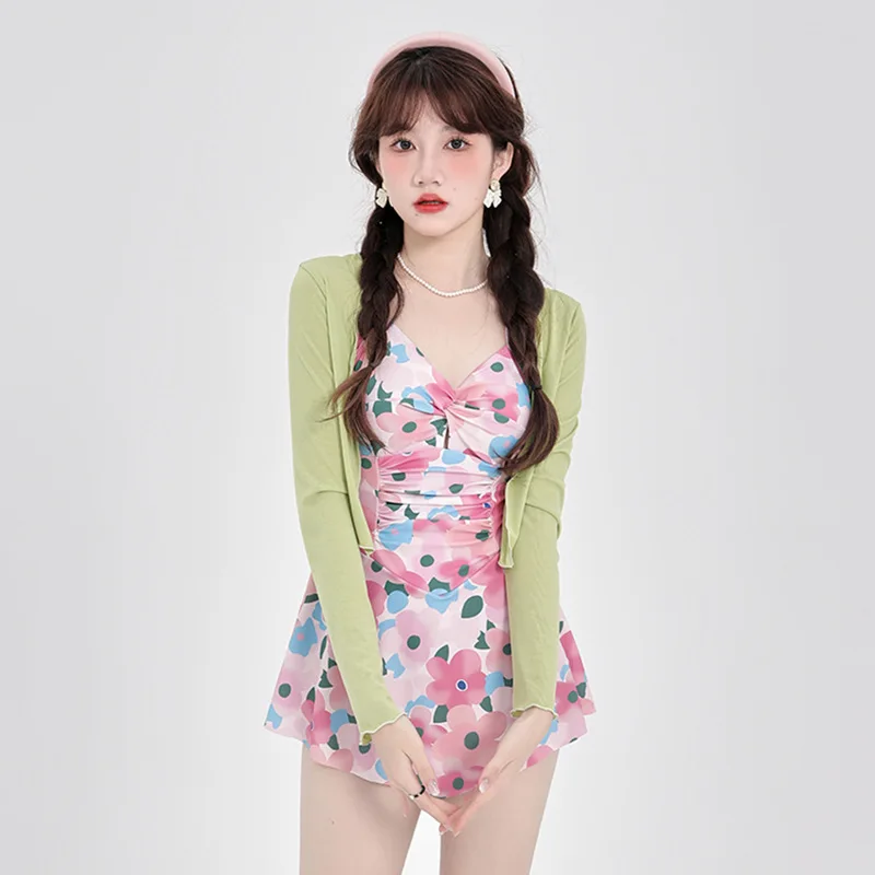 

Women One Piece Swimsuits With Cover-up 2 Pcs Sexy Halter Bandage Floral Print Mini Skirt Summer Push Up Beach Bathing Suit