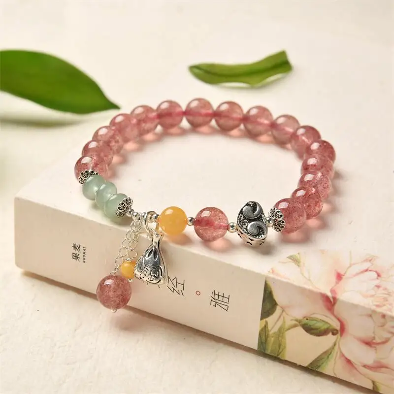 

Natural Strawberry Quartz Emerald Bee Wax Bracelet for Women Girls Ethnic 925 Sterling Silver Heart Blessing Bag Charms Bracelet